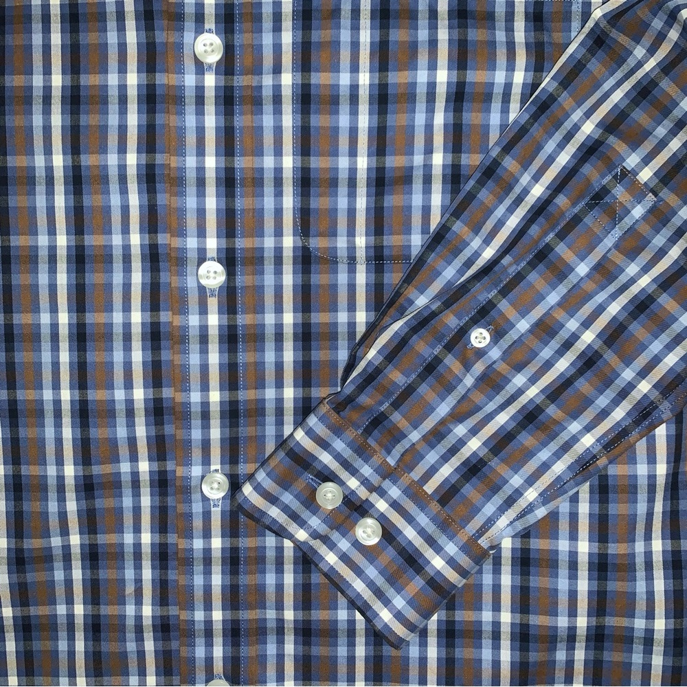 Duluth Trading Mens Plaid Wrinkle Fighter Shirt Size S Long Sleeve Blue Brown - Picture 5 of 8